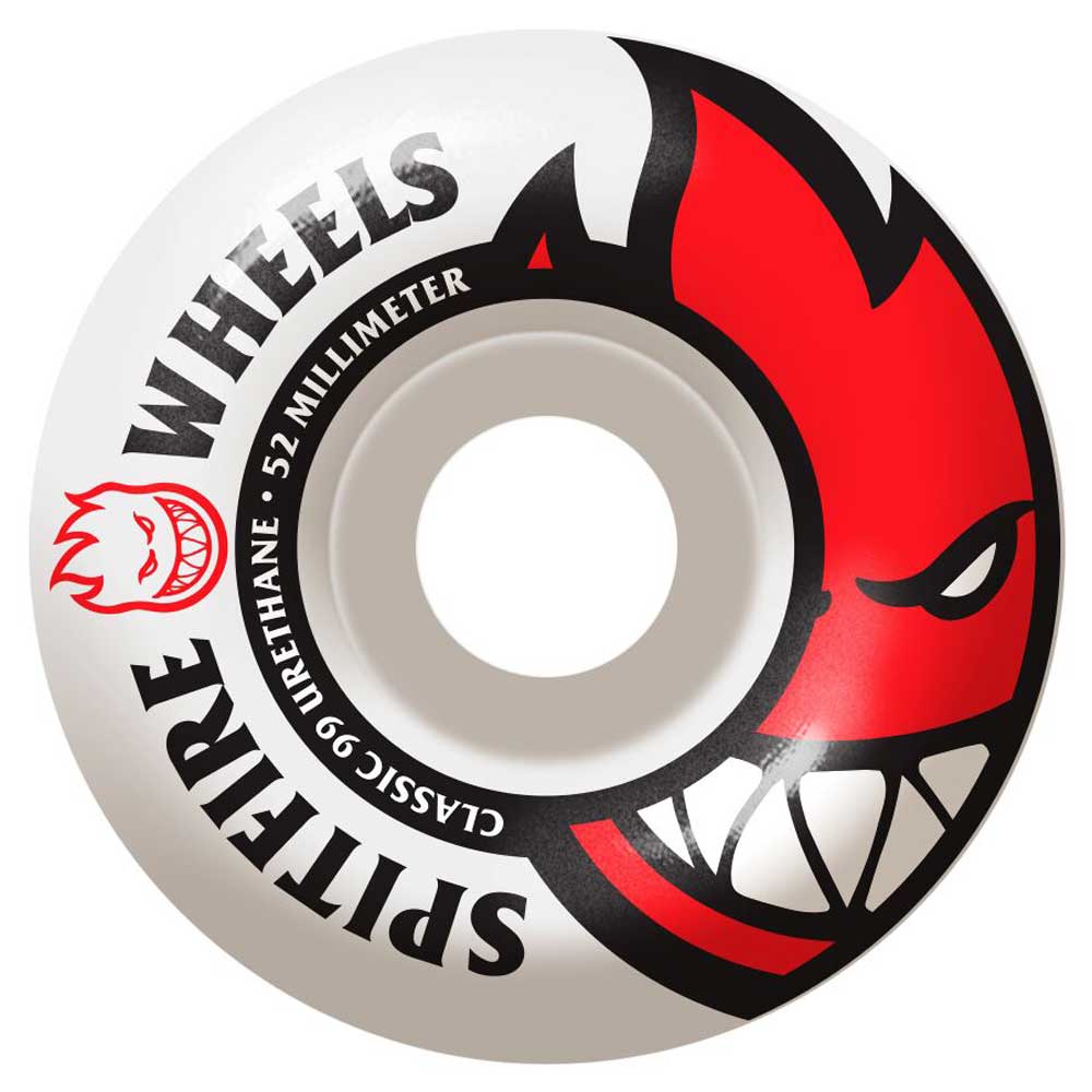 The Spitfire Wheels Bighead 52mm99A is a white skateboard wheel featuring black and red text that reads "SPITFIRE WHEELS CLASSIC 99 URETHANE - 52 MILLIMETER" and a red cartoon flame face with sharp teeth.