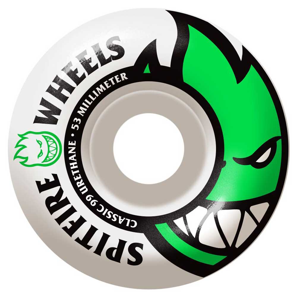 A Spitfire Wheels Bighead 53mm99A skateboard wheel in white, with a green flame logo and grinning face. The wheel displays the text “SPITFIRE WHEELS”, “CLASSIC 99 URETHANE”, and “53mm 99A.”.
