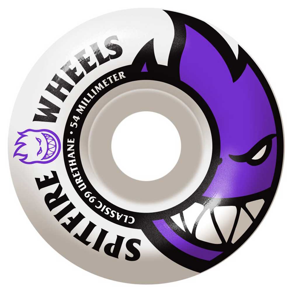 The Spitfire Wheels Bighead 54mm99A skateboard wheel is white with a bold black and purple Bighead flame face design, featuring sharp teeth and Classic 54mm99A Urethane text around the edge.