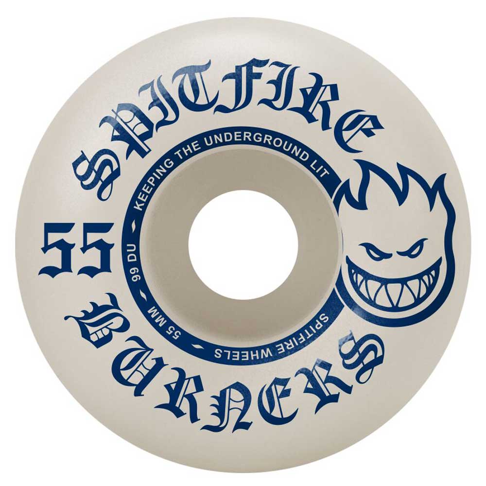 The Spitfire Wheels Burner 55mm99A Blue is a white skateboard wheel with bold blue SPITFIRE BURNERS 55 text, a flaming grinning face, and KEEPING THE UNDERGROUND LIT for style and performance.