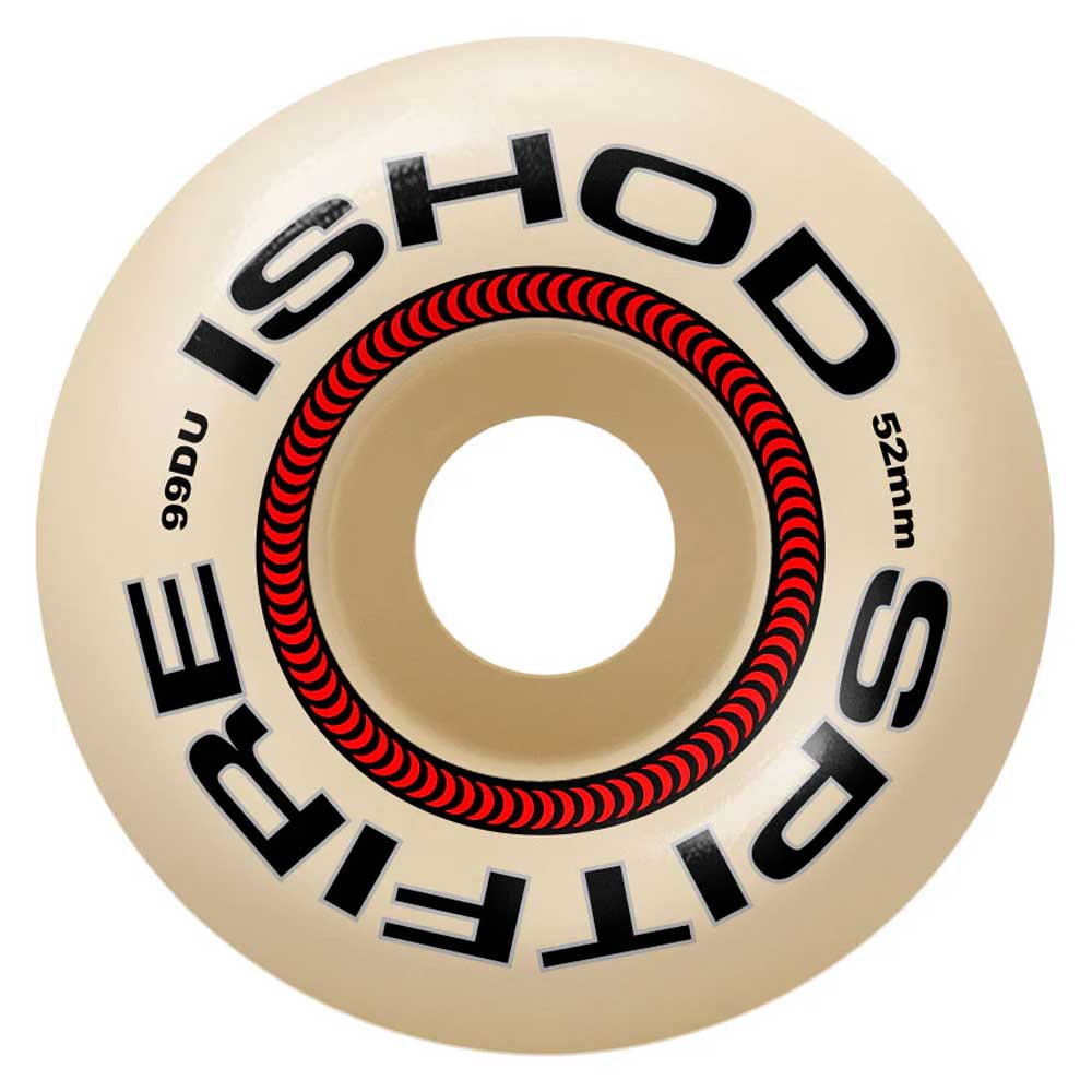 The Spitfire Wheels F4 Ishod Wair Lock In Classic 52mm99A features a beige finish, bold “ISHOD SPITFIRE” in black, red spiral detailing, and delivers classic style with top-tier 99A performance.