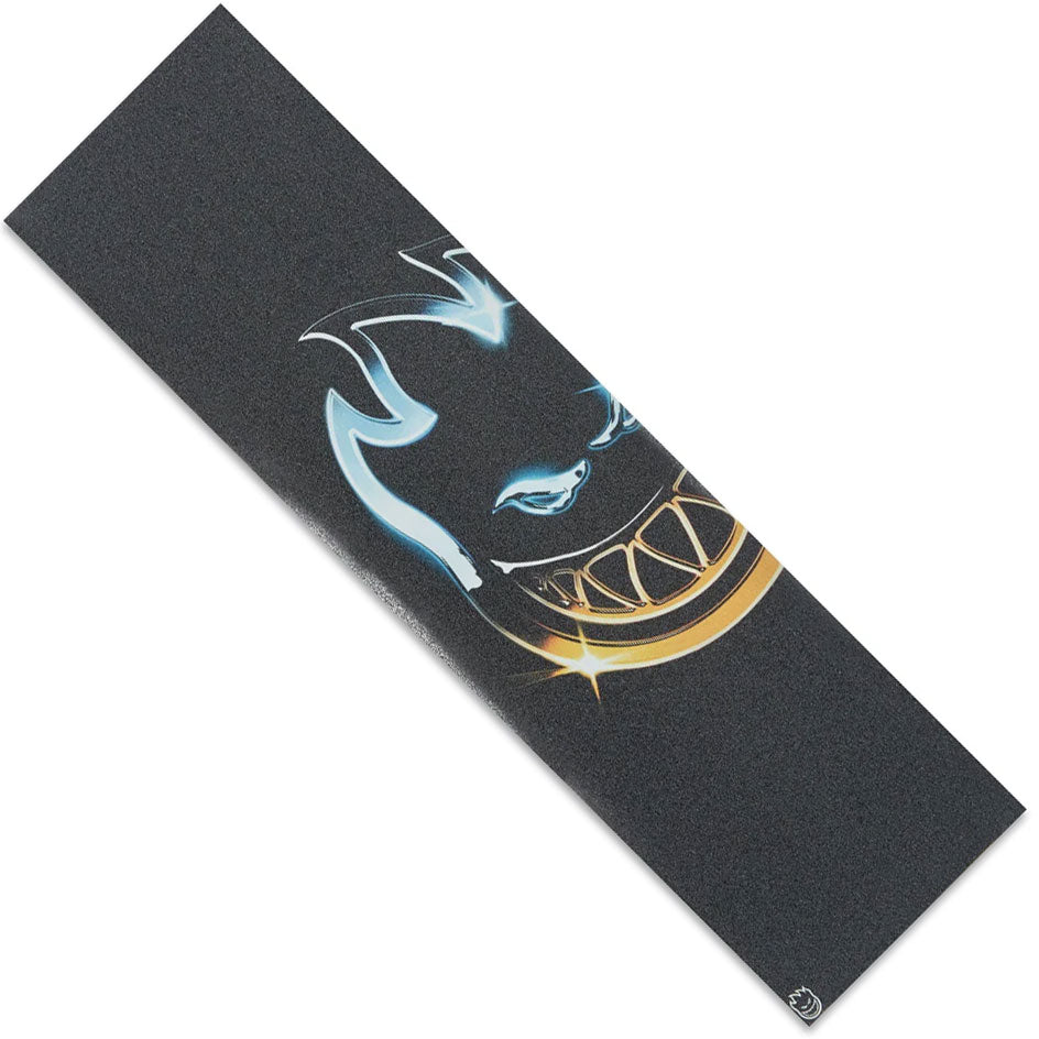 Spitfire Wheels Griptape Bighead Chrome, a 9″ x 33″ sheet of black skateboard griptape featuring a chrome-style flame and skull graphic.