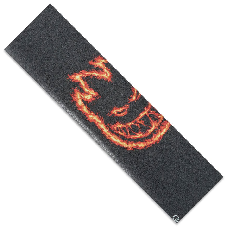 A 9″ x 33″ sheet of black Spitfire Wheels Griptape Bighead Flame featuring a flaming circular character logo in the center.