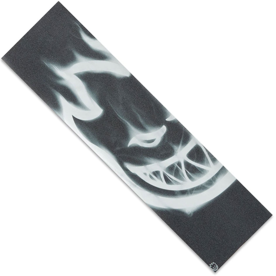 A 9″ x 33″ rectangular sheet of Spitfire Wheels Griptape Bighead Smoke featuring a white, smoky graphic of a grinning face.