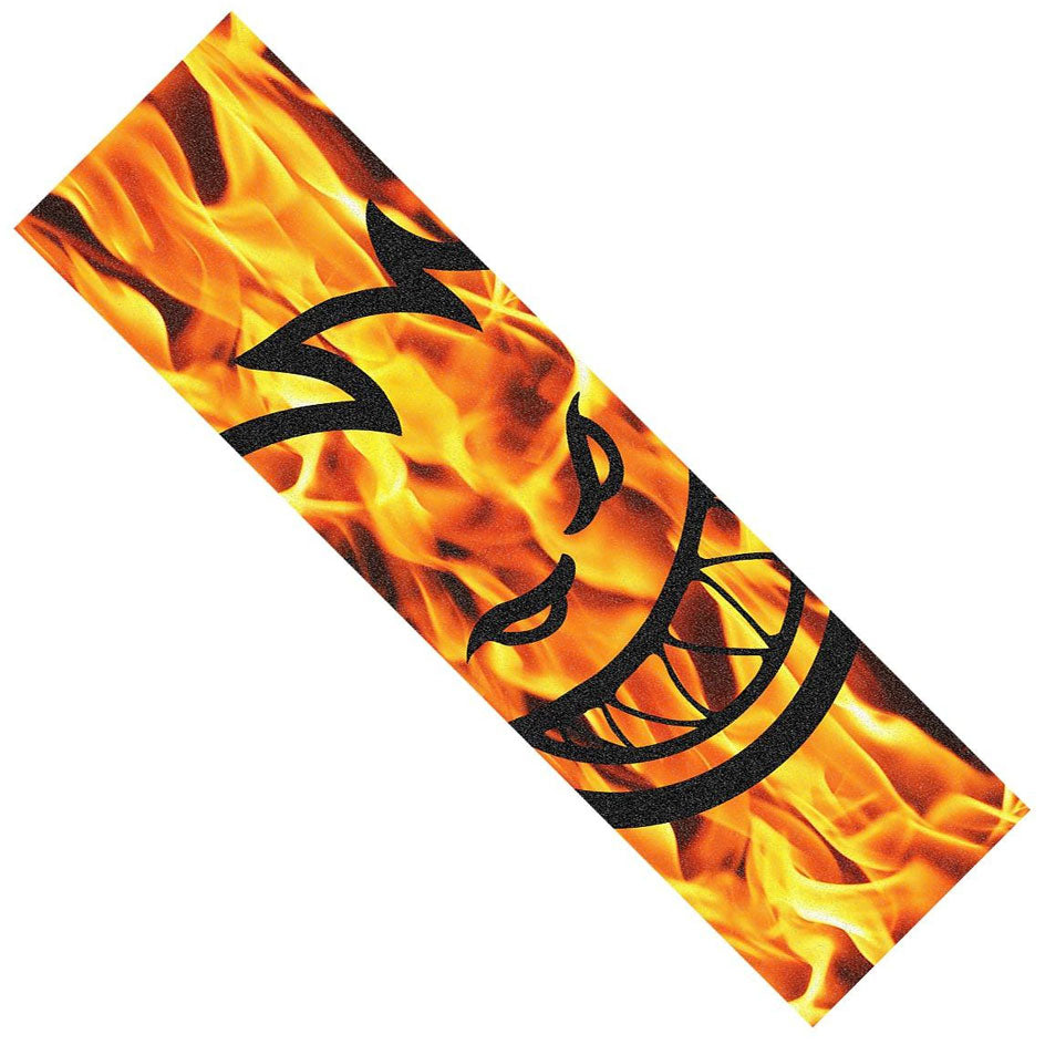 Spitfire Wheels Griptape Inferno 9″ x 33″ rectangular sheet featuring a flame pattern and a black, grinning cartoon head logo.