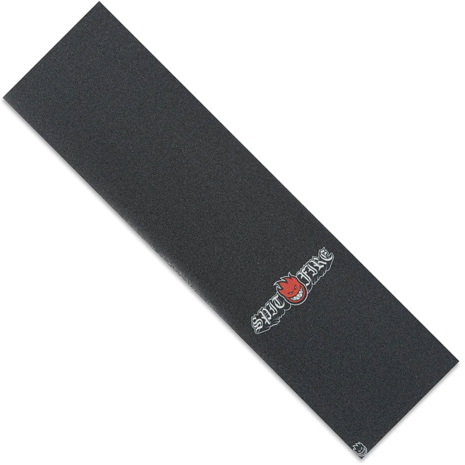 Spitfire Wheels Griptape Script Logo 9″ x 33″ black griptape featuring a red, smiling fireball logo and white gothic-style text.