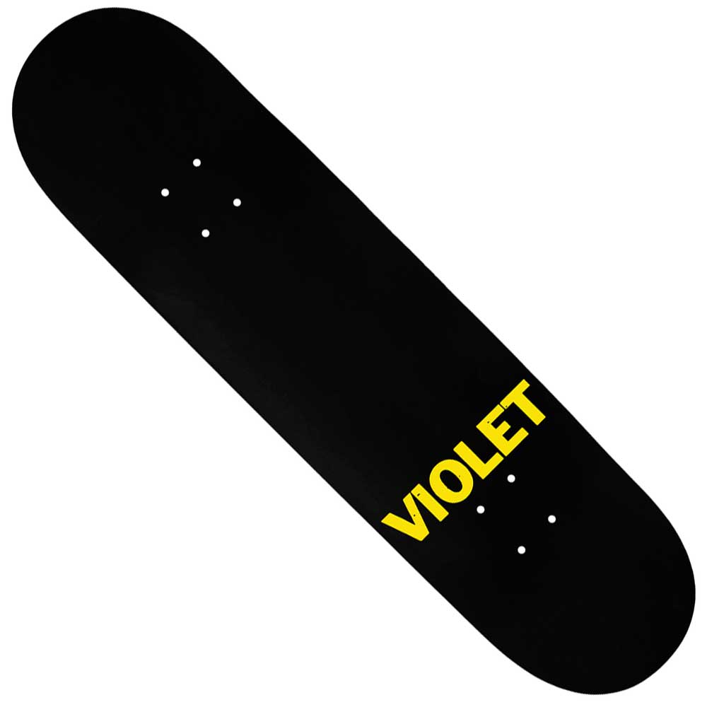 A Squeaky Deck Black Dipped 8.5 Violet Skateboards deck, featuring VIOLET printed in bold yellow letters near one end—a design inspired by the creative direction of William Strobeck.