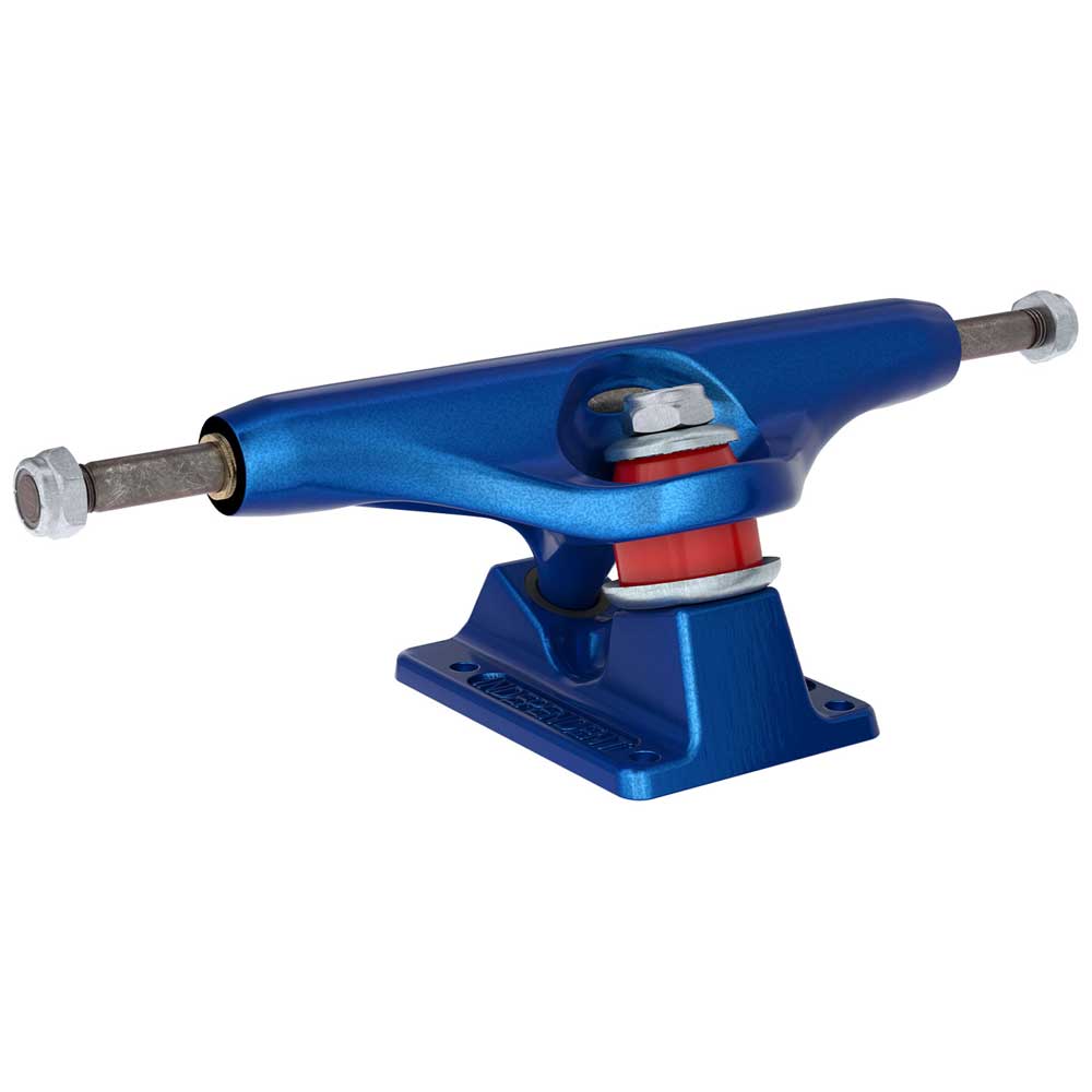 The 144 Stage 11 Distortion Blue Standard Trucks from Independent, featuring silver axles and red bushings, are lightweight and durable—ideal for those seeking quality forged hollow trucks. Set of two shown on a white background.