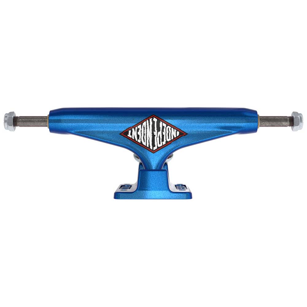 A front view of the 144 Stage 11 Distortion Blue Standard Trucks by Independent shows a red and white INDEPENDENT logo. This set of two lightweight skateboard trucks features metal axles with nuts on both sides.