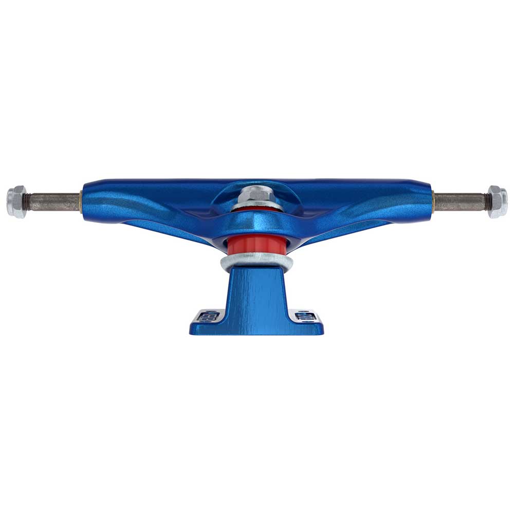 A 144 Stage 11 Distortion Blue Standard Independent truck with a red bushing, shown front-on. This lightweight set of two features a metal axle extending on both sides with silver nuts at each end.