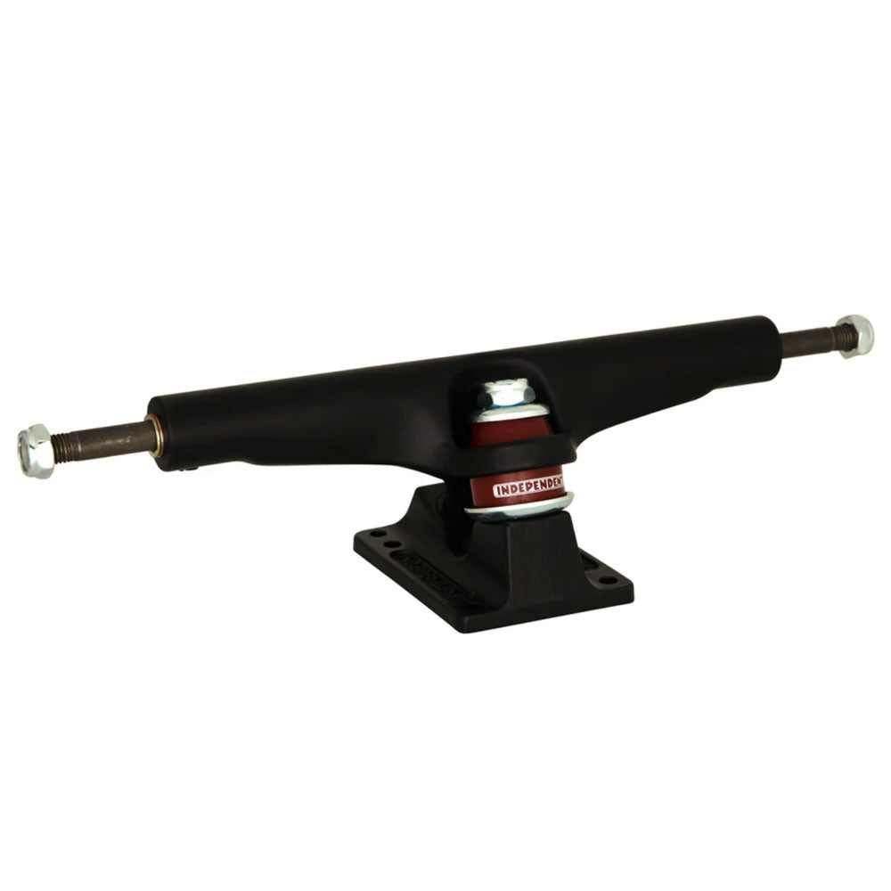 The Stage 4 Black 215 INDY Trucks Set of TWO features flat bases, metal axles, and red and white bushings. Shown from the side against a white background.