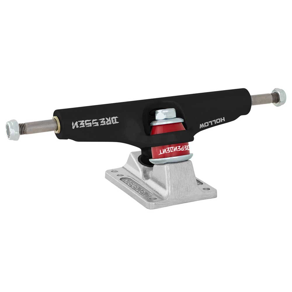 The Stage 4 Eric Dressen Pro 151 Black Silver Standard INDY Trucks (set of two) features a silver baseplate, black hanger with "DRESSEN" in white, red bushings at the kingpin, and silver hardware by Independent Truck Company.