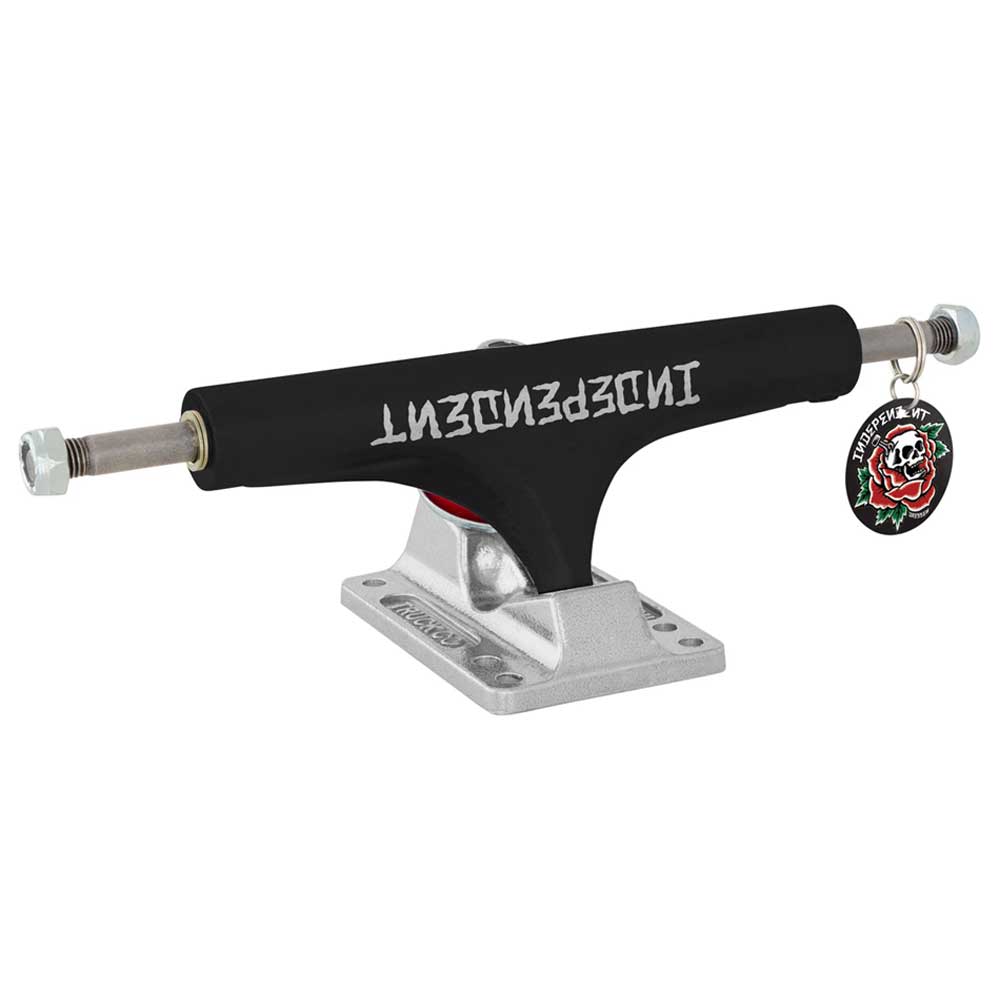 The Stage 4 Eric Dressen Pro 151 Black Silver Standard INDY Trucks Set of TWO features black hangers with "Independent Truck Company" branding, silver baseplates, and a keychain with the red skull logo in the classic Stage 4 Hollow style.