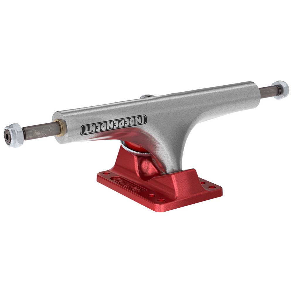A set of two 151 Stage 4 Hollow Bar Logo Silver Ano Red Standard Trucks by Independent, featuring a silver hanger with INDEPENDENT branding, red baseplate, and viewed from the side on a white background.