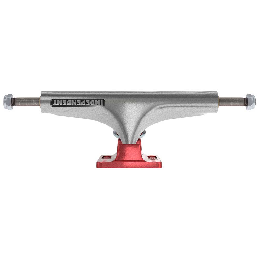 The 151 Stage 4 Hollow Bar Logo Silver Ano Red Standard Trucks by Independent feature a silver hanger with "INDEPENDENT" engraved and a red baseplate, showcasing classic Stage 4 style. Set of TWO.