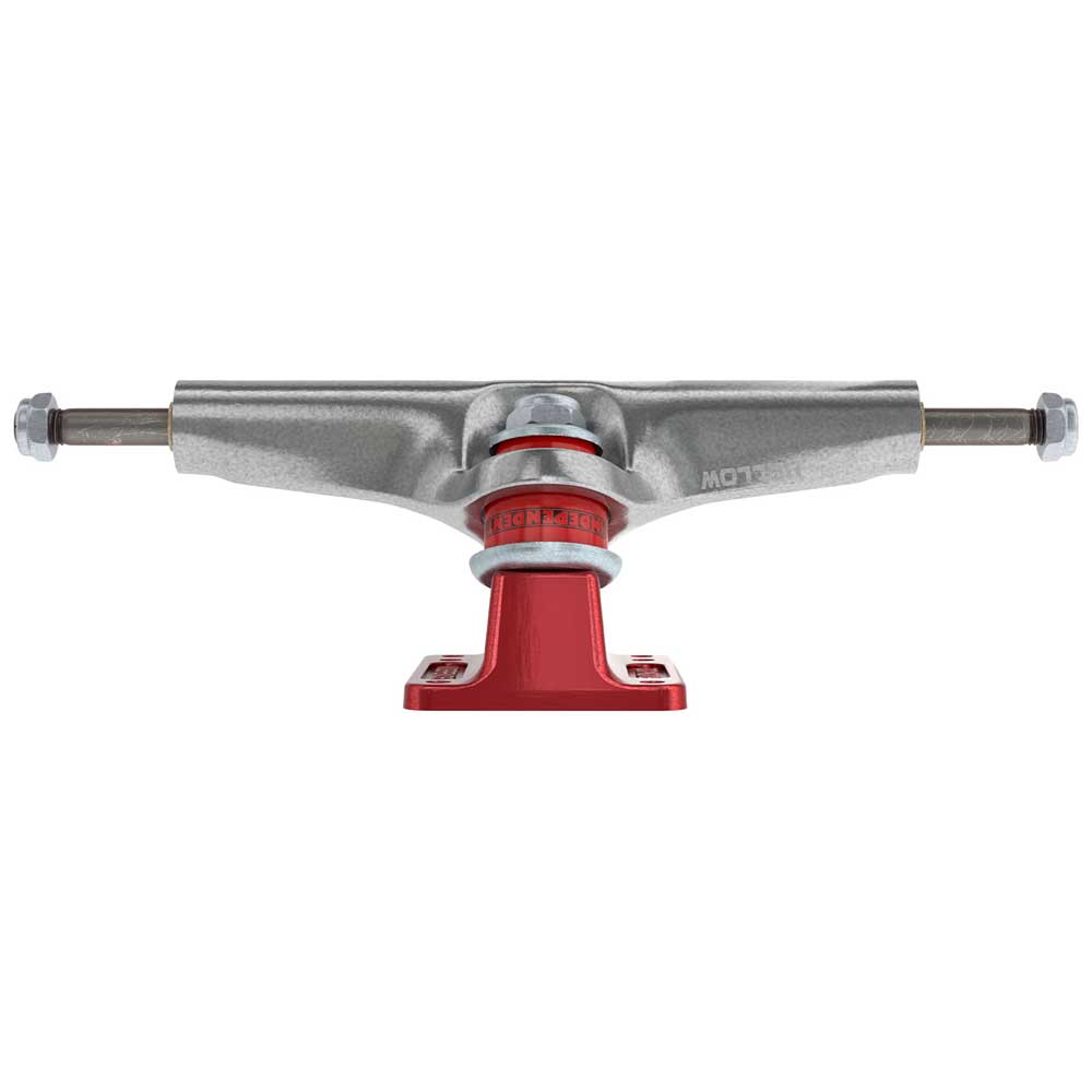 The Stage 4 166 Hollow Bar Logo Silver Ano Red Standard Trucks by Independent (set of two) feature a silver hanger and red baseplate, with visible axle bolts and kingpin hardware, shown from the front.