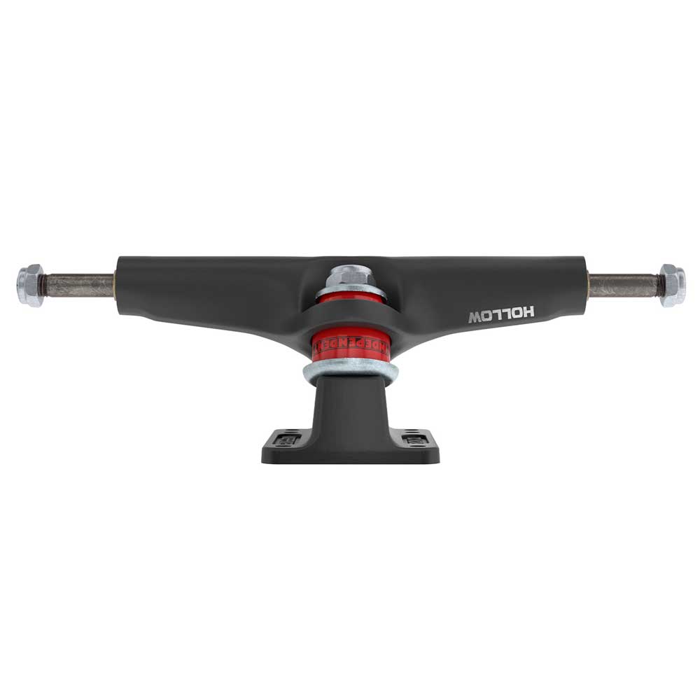 A set of two black 151 Stage 4 Hollow Full Bar Standard Trucks from Independent is shown from the front against a white background. These trucks feature red bushings and have “HOLLOW” printed in white on one side, combining both performance and durability in their classic Stage 4 design.