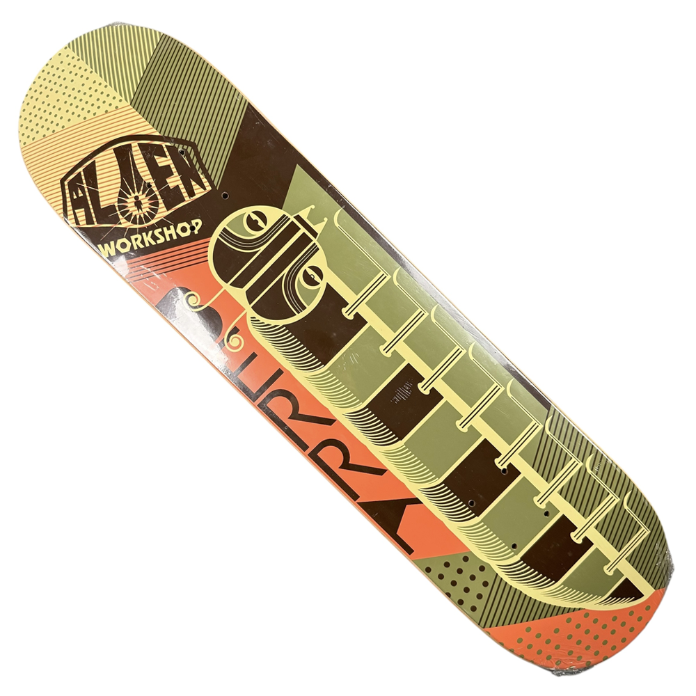 The Steve Berra Alien Workshop Deck 7.8x31.1 Collectible features geometric green, brown, orange, and yellow patterns with the Alien Workshop logo and an abstract alien design inspired by Steve Berra.