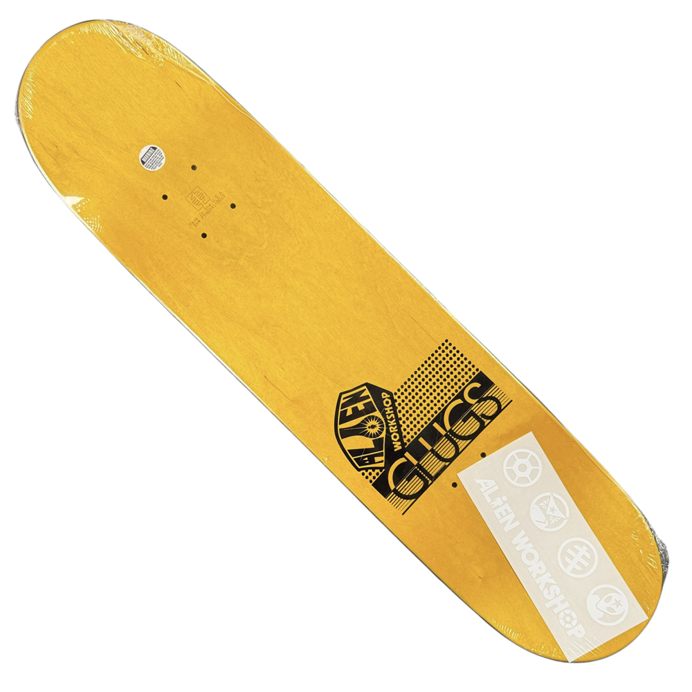 The Steve Berra Alien Workshop Deck 7.8x31.1 Collectible features yellow with black Alien Workshop graphics and logo, plus a white sticker at the bottom right, making it a must-have for collectors.