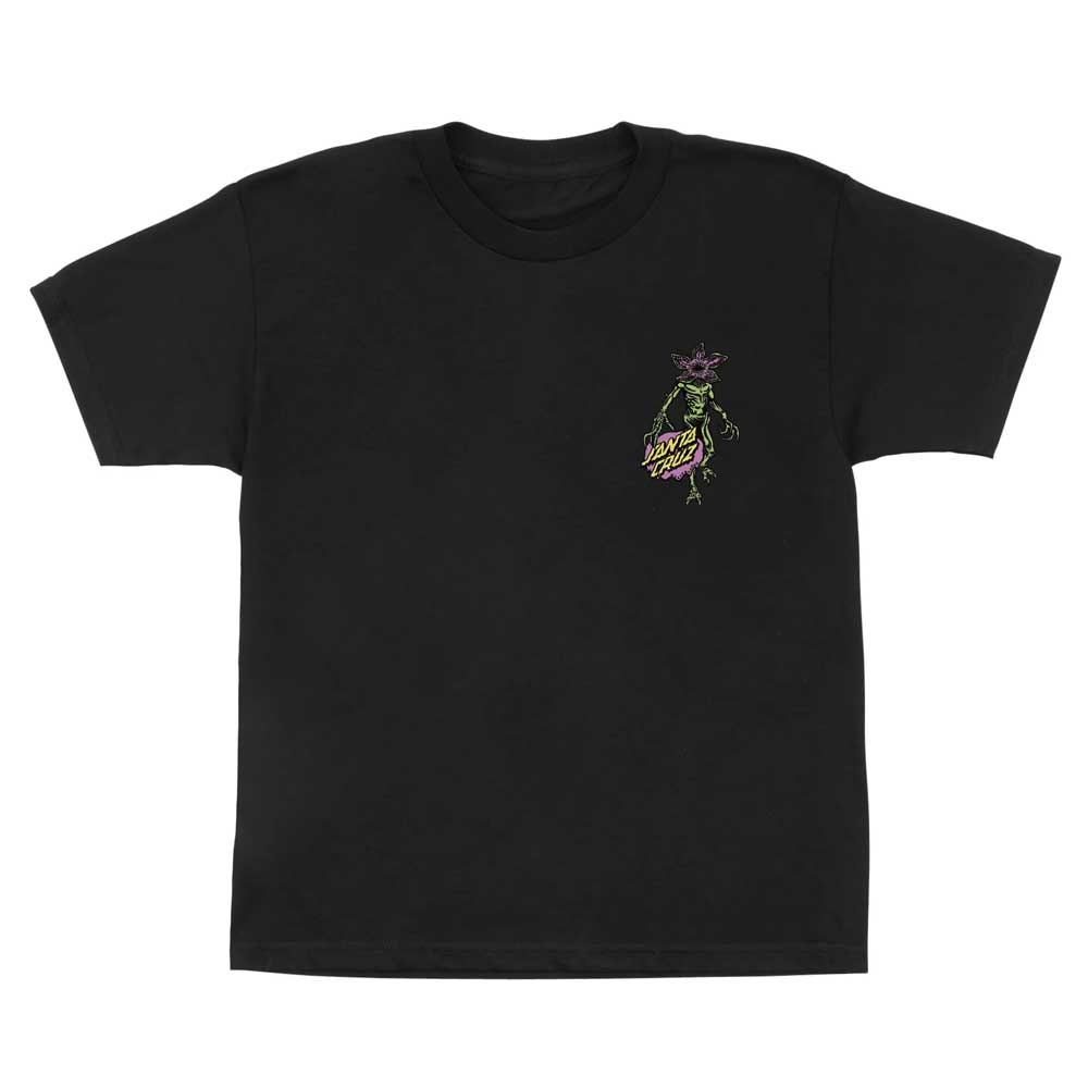 The Stranger Things Demogorgon Dot S/S Midweight Youth Tee by Santa Cruz is a black t-shirt featuring a small, colorful graphic of a green, skeleton-like creature with purple sunglasses and pizza on the upper left chest.