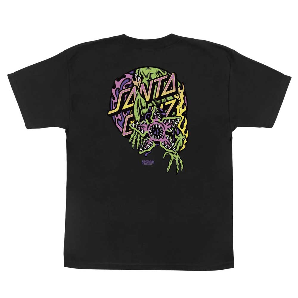 Black youth T-shirt: Stranger Things Demogorgon Dot S/S Midweight by Santa Cruz, featuring a bold back graphic with "Santa Cruz" in stylized text, vibrant green, purple, yellow abstract shapes, and a central monster-like eye.