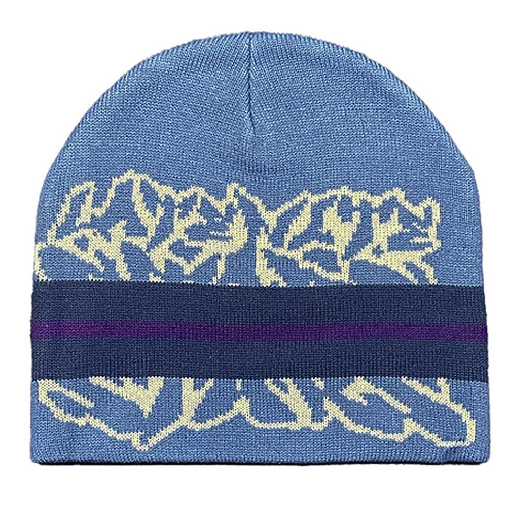 The Striped Beanie Blue Late Nite Stars Skateboarding features a blue base, cream floral pattern at the bottom, and navy and purple stripes—making it perfect for skateboarding or everyday wear.