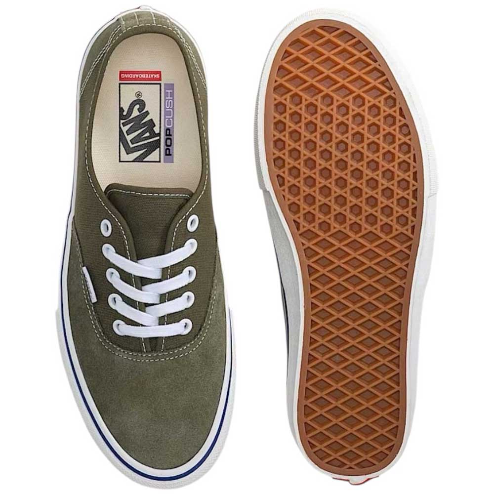 A pair of Suede Canvas Mossy Olive Authentic VN0A5FC8FR11 Vans Skateboarding Shoes with white laces and soles, brown waffle vulcanized sole, and Vans labels on the inside and side, shown from the top and bottom.