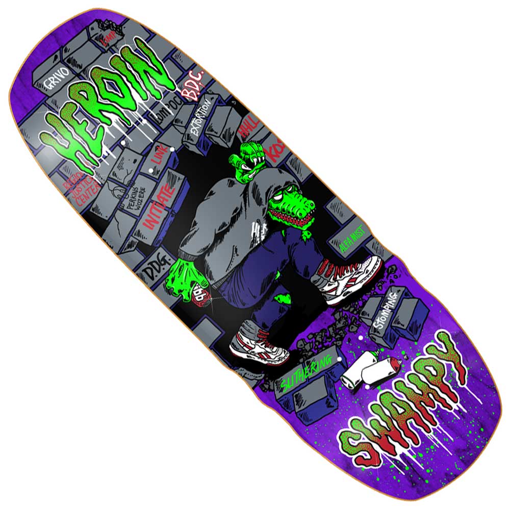 The Swampy Stomp 10.5 Heroin Skateboards Deck Shaped is a 7-ply North American Hard Rock Maple deck featuring a green monster in sneakers and hoodie spray painting graffiti, with neon HEROIN and SWAMPY logos on a brick wall background.