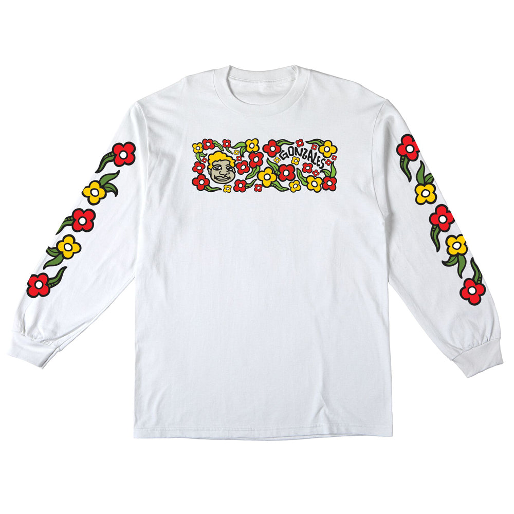 White Multicolor Longsleeve Krooked Skateboards Tee featuring a chest graphic of a cartoon face surrounded by red and yellow flowers, with matching floral patterns running down each sleeve.