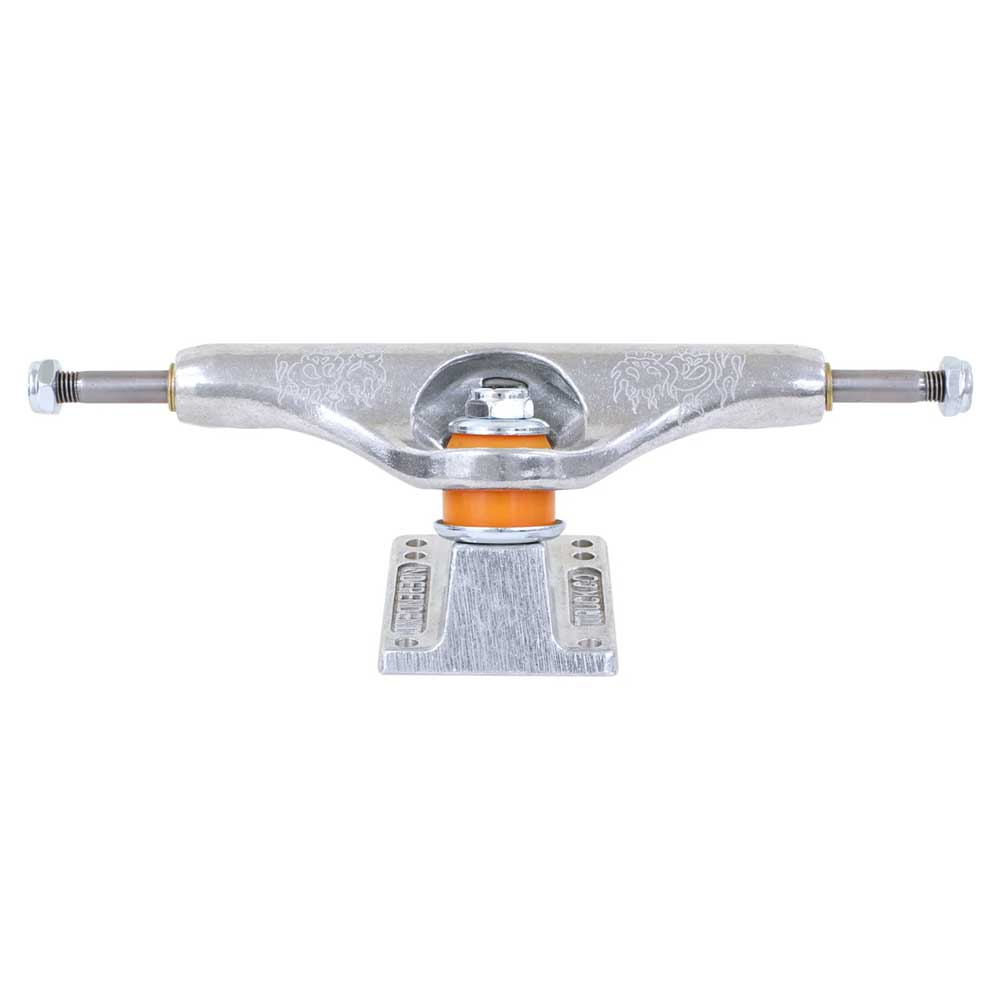 The T Funk Polished Silver Standard INDY 169 Stage 11 Trucks Set of TWO features engraved designs, orange bushings, and black axle nuts—shown front-facing on a white background.