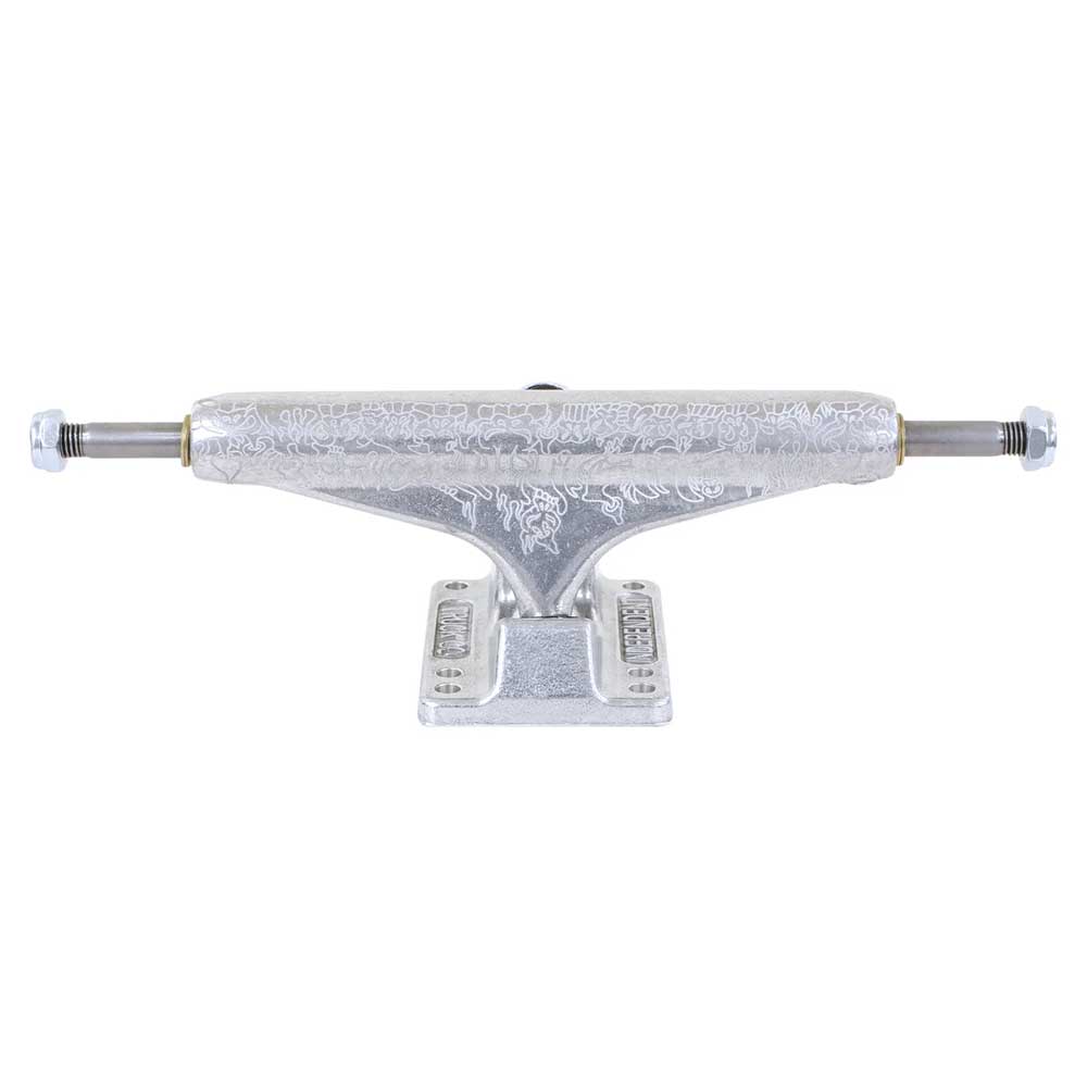 A set of two T Funk Polished Silver Standard INDY 159 Stage 11 skateboard trucks, made from durable aluminum with detailed engraving on the hanger, shown from the front to highlight the axle and baseplate.