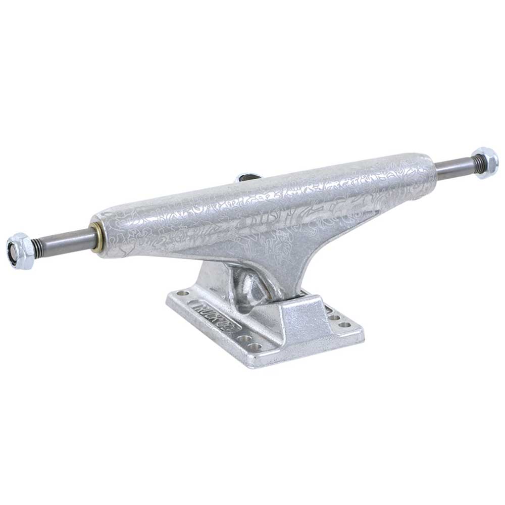 The T Funk Polished Silver Standard INDY 169 Stage 11 Trucks (set of two) features a detailed engraved design, sturdy baseplate, and axle nuts—ideal for Tristan Funkhouser fans seeking quality skateboard trucks.