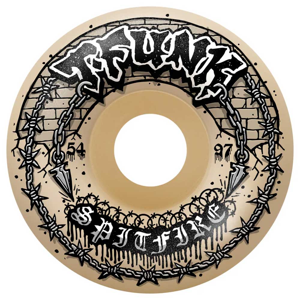 The T Funk Raw 54mm 97A Formula Four Spitfire Wheels feature graffiti-style TFUNK and SPITFIRE text, barbed wire and chain art, a black/grey brick wall background, and high-performance Formula Four construction.