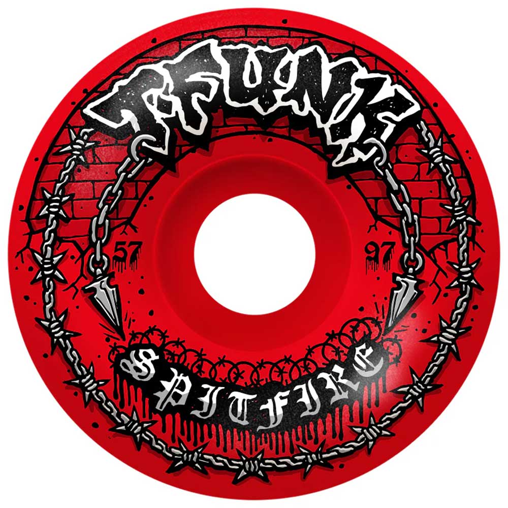 The T Funk Raw Red 57mm 97A Formula Four Spitfire Wheels feature graffiti-style TFUNK text on top, a Spitfire logo with black barbed wire below, Formula Four specs on the sides, and a brick-patterned background.
