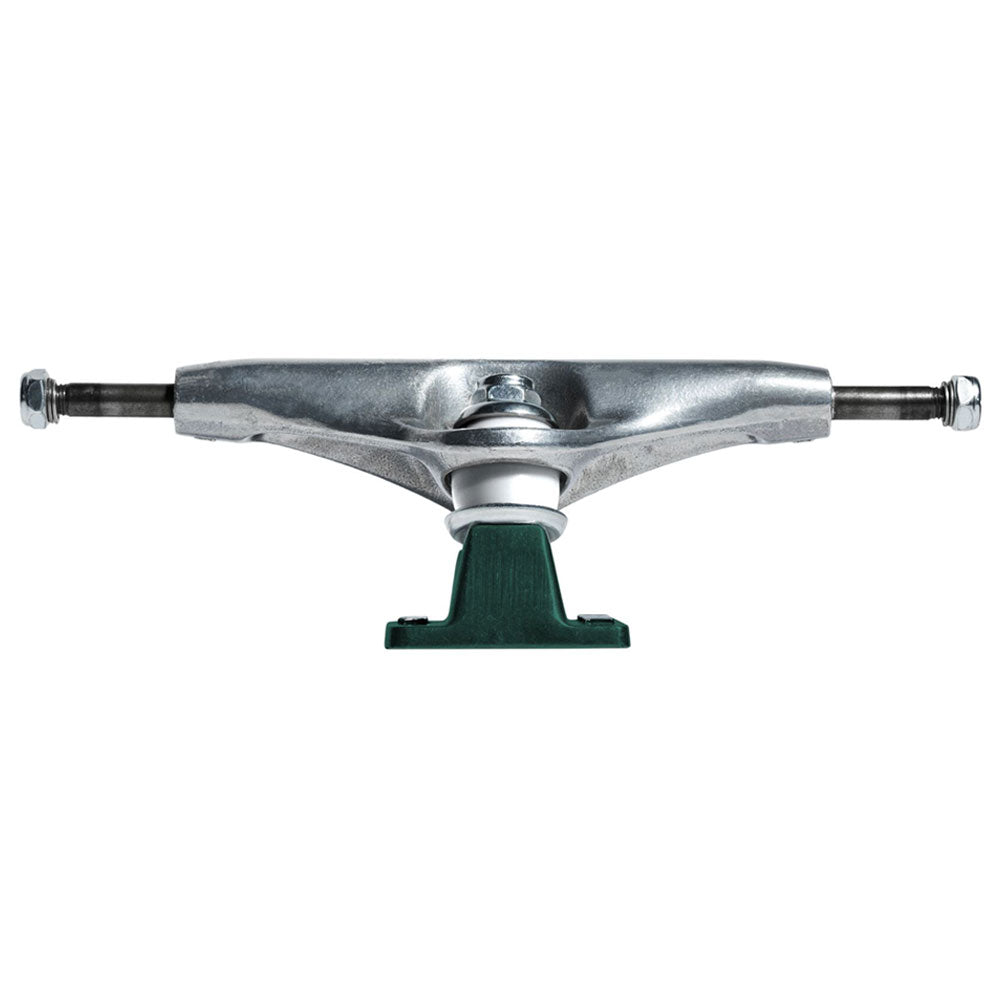 A set of T-II Catalyst Regen Thunder 148 Trucks featuring a metal hanger with a dark green baseplate and white bushing.