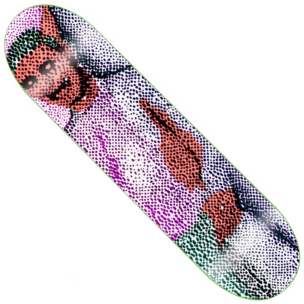 The T4 Possessed 8.25x32.125 GX1000 Deck Skateboard showcases a pixelated, pop art-style graphic of a character with pointed ears, pinkish skin, and a white shirt against a dotted background in purple and green tones. Expertly crafted in Mexico for quality.