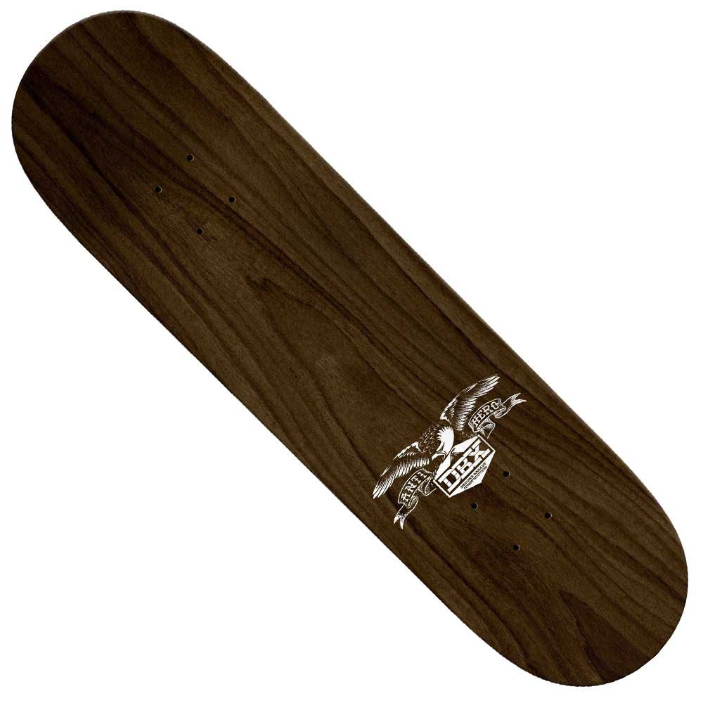 The Eagle 8.75 DBX Anti Hero Skateboard Deck features basalt construction and a natural grain finish, with a small white graphic of an eagle holding an "ANTI" banner near one end.