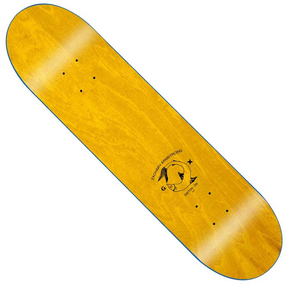The Face Greene 8.25x32.12 GX1000 Deck Skateboard features a smooth yellow wood finish with blue edges, a small black fish graphic within a circular design near one end, and comes without grip tape or wheels.