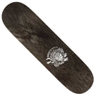 The Doobie Grimple OBV 8.5x31.6 Deck by Anti Hero Skateboard features a dark wood finish and a white, intricate chameleon graphic surrounded by stylized leaves.