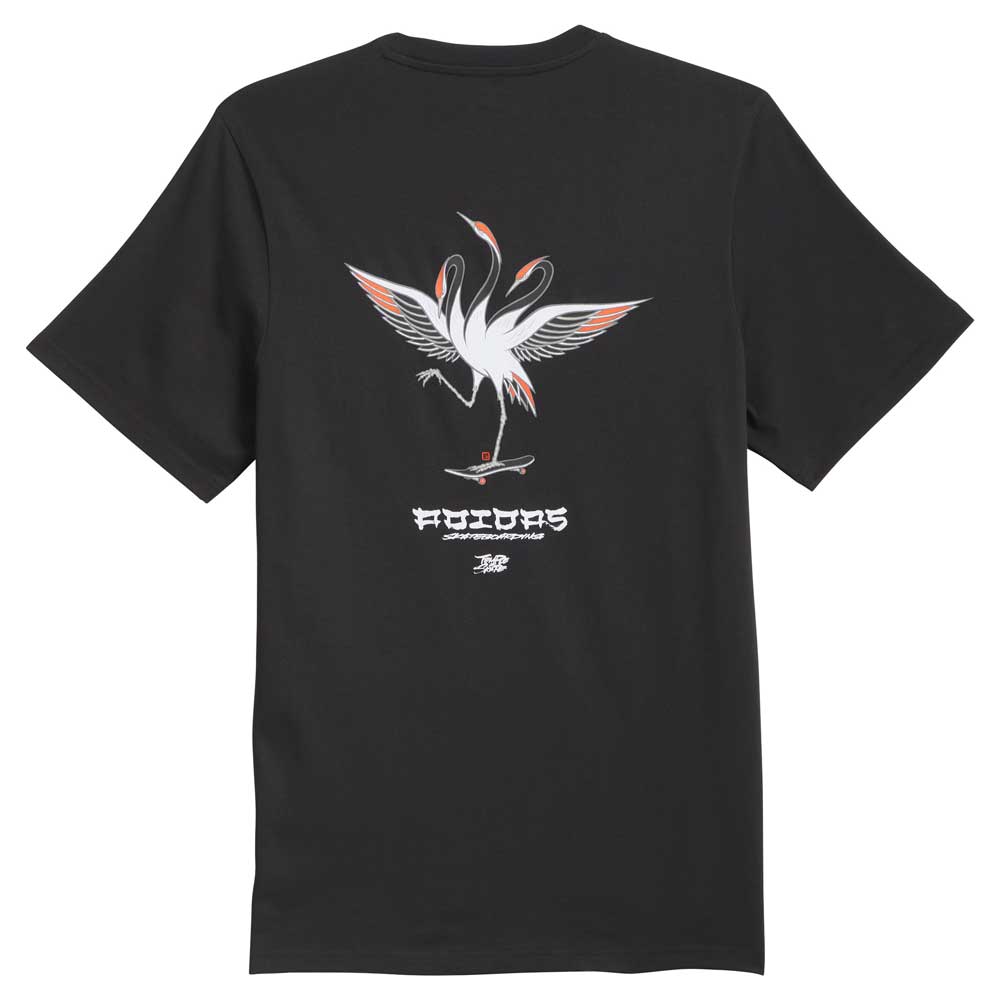 Sure! Here’s a rewritten sentence using the product data: The TOS Crane Tee Black White KS4336 by Adidas Skateboarding is a black t-shirt featuring an illustration of two stylized cranes standing on a skateboard, with white text and design on the back—perfect for expressing the unique spirit of Temple of Skate.