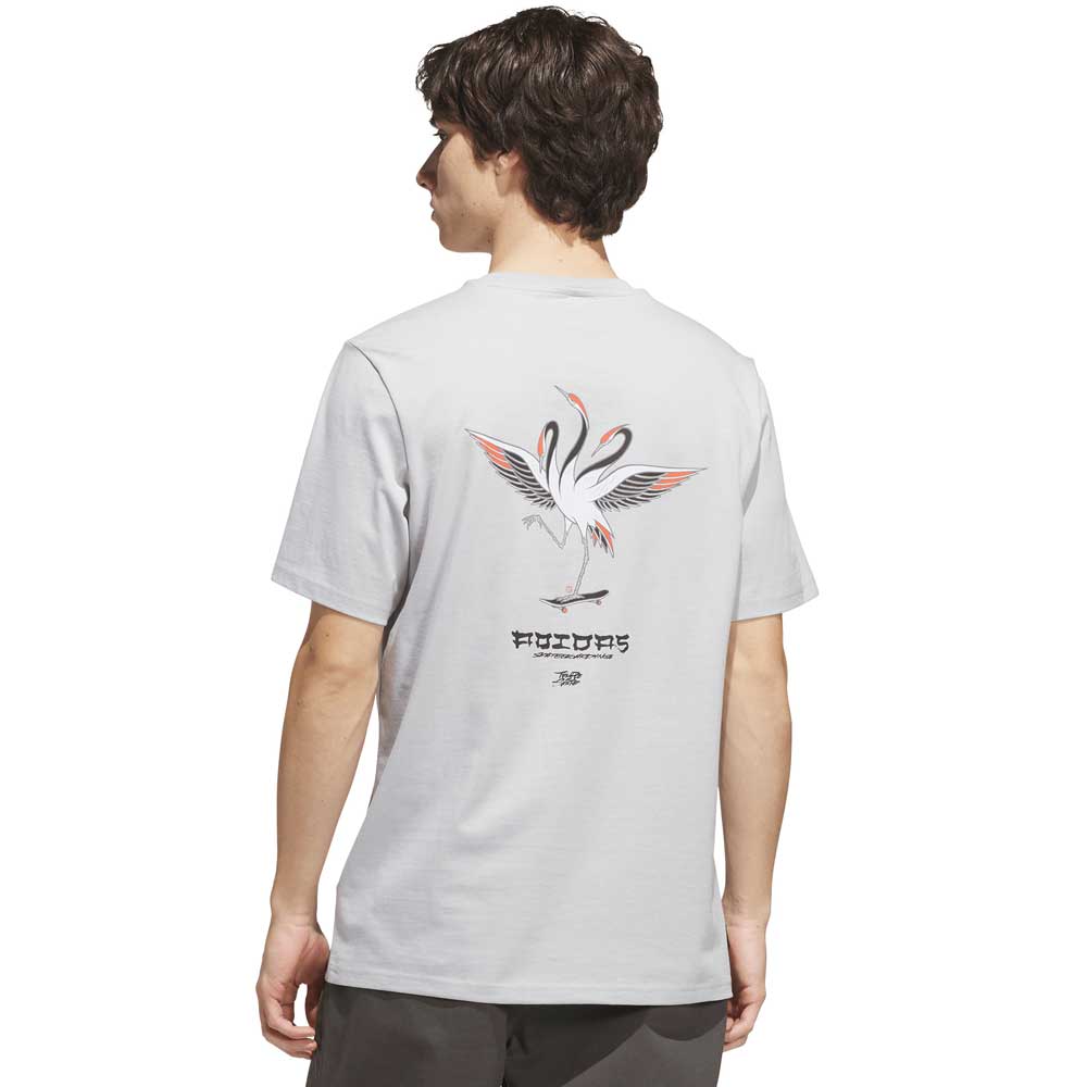 A person wearing the TOS Crane Tee Gray KY7718 from Adidas Skateboarding, which features a graphic of two cranes and stylized text on the back, stands facing away from the camera.