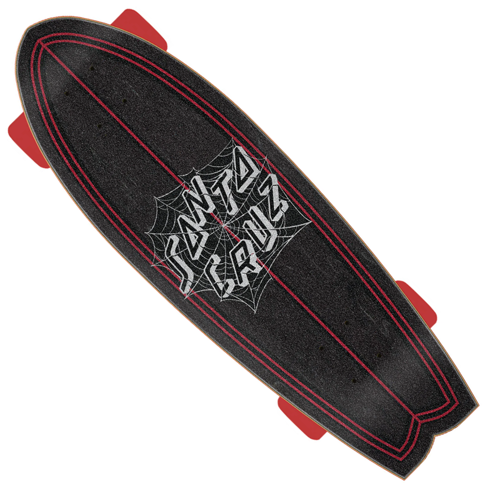 Top view of a black Tangled Web 8.81in x 27.69in Shark Cruzer Santa Cruz deck with red OJ Super Juice wheels, red trim, and a spiderweb graphic encircling the white Santa Cruz logo on the griptape.