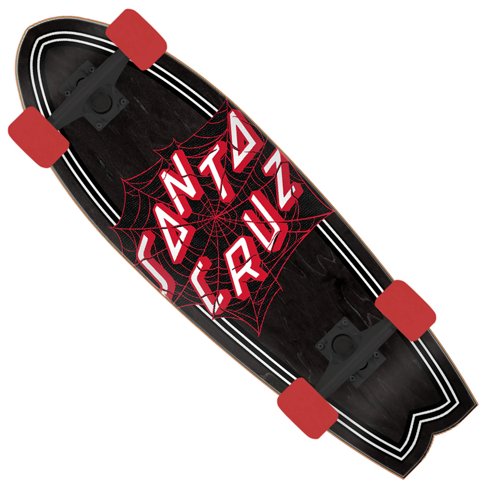 A black Tangled Web 8.81in x 27.69in Shark Cruzer Santa Cruz deck with red OJ Super Juice wheels, featuring a bold red Santa Cruz graphic over a spiderweb design and white stripes along the edge.