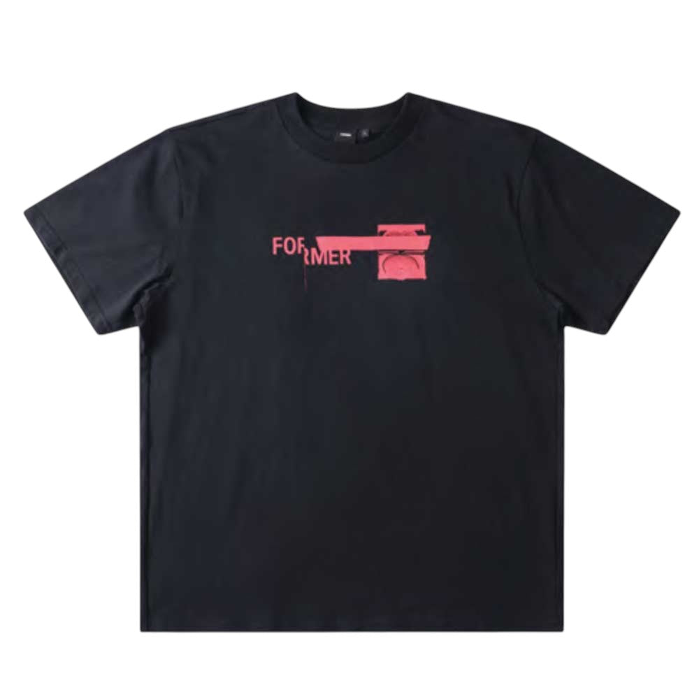 Tape Crux Former Tee Black: A black 200GSM cotton T-shirt featuring a pink screen print graphic with the word “FORMER” across the chest.