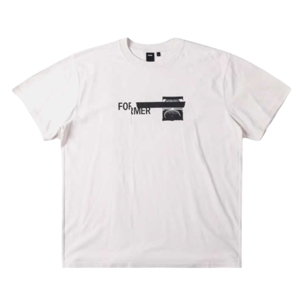 Tape Crux Former Tee Bone crafted from premium jersey cotton, featuring a white vintage style with a black screen print graphic that displays the word “FORMER” partially obscured by a black bar and a small camera image below the text. The tee is shown laid flat with the front facing upward.