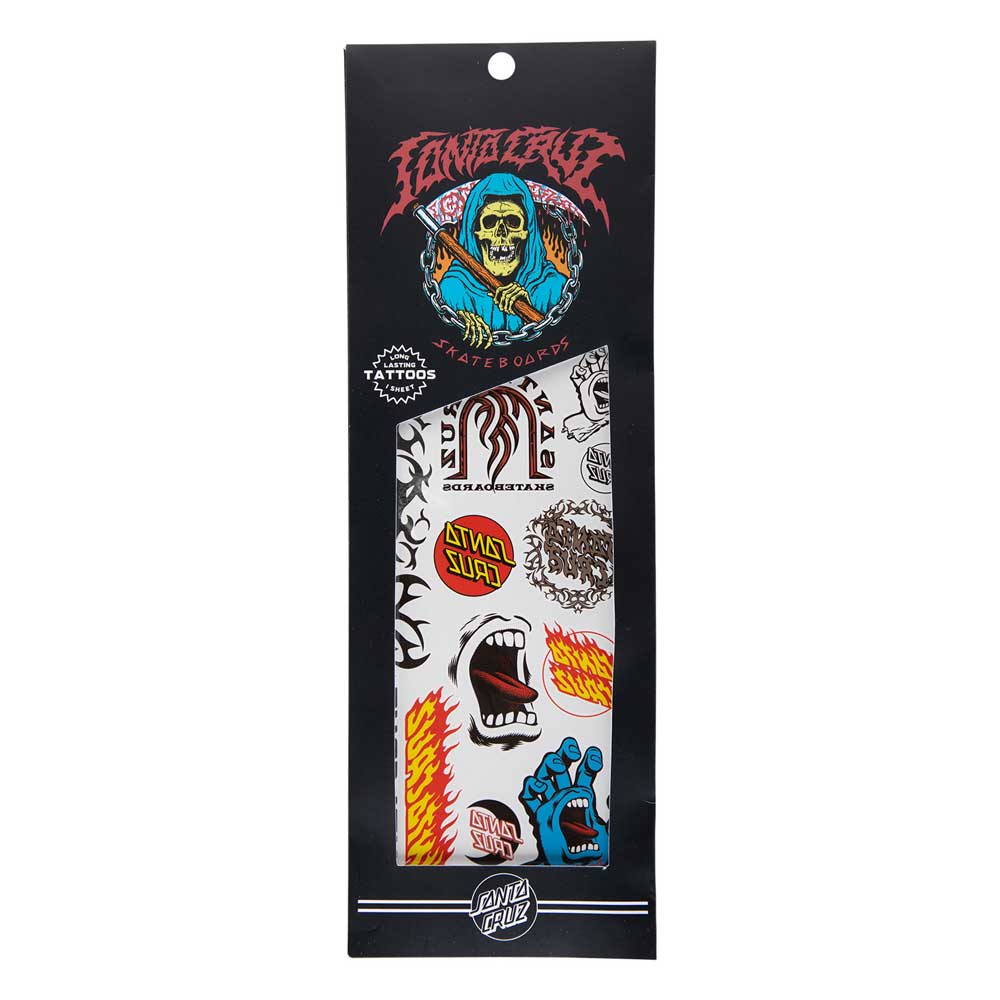 The Tatted Temporary Tattoo Set Multi OS Unisex by Santa Cruz features bold, colorful skateboard designs—including a screaming mouth, flaming motifs, blue hand, and logos—on a black card with a skull illustration.