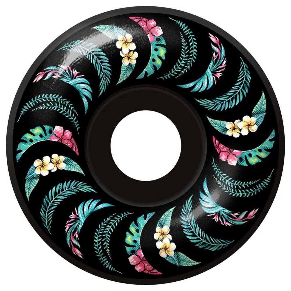 The Team Floral Black 54mm99A Formula Four Spitfire Wheels Classic feature a black wheel with a circular pattern of green leaves and pink, white, and yellow tropical flowers.
