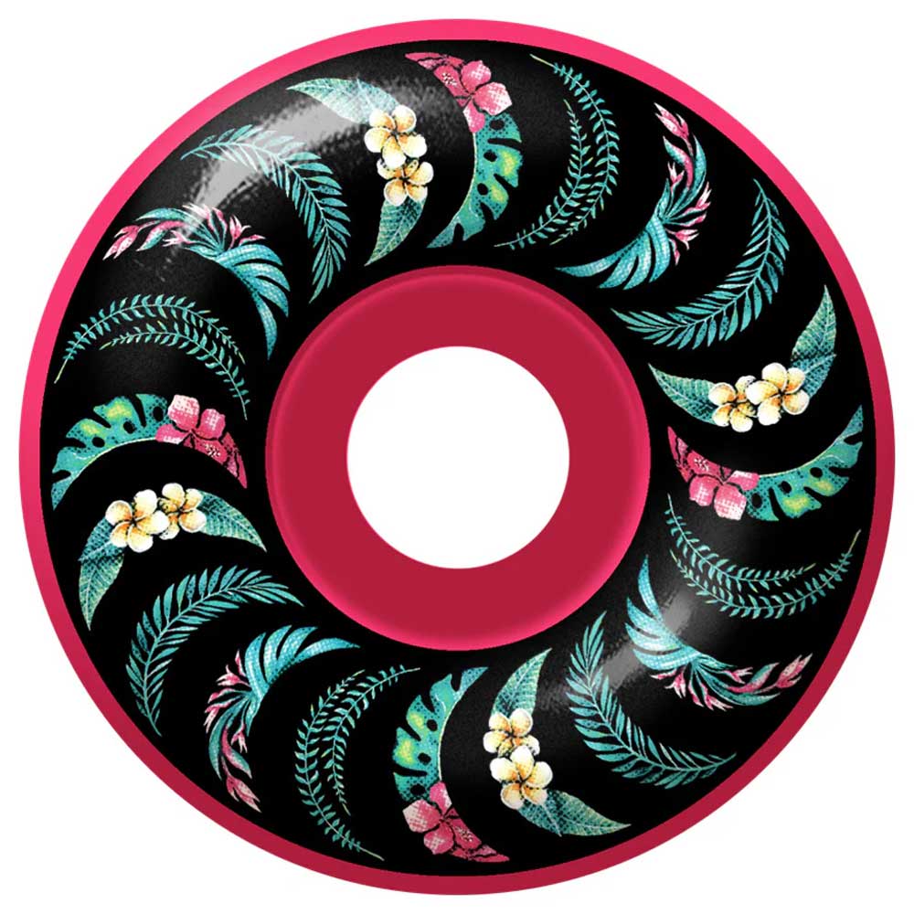The Team Floral Pink 52mm99A Formula Four Spitfire Wheels Classic features a pink wheel with a black center, green leaves, and yellow and pink tropical flowers in a spiral pattern; available in 52mm size.
