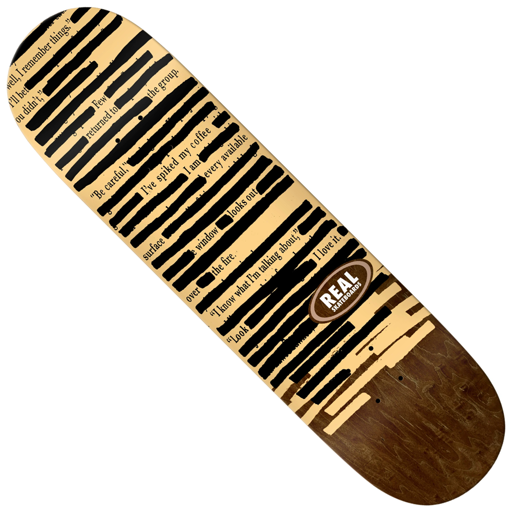 The Team Non-Fiction 8.38 Real Skateboards Deck features text with blacked-out censorship bars, leaving phrases like “Be creative.” The REAL Skateboards logo is displayed near the bottom.