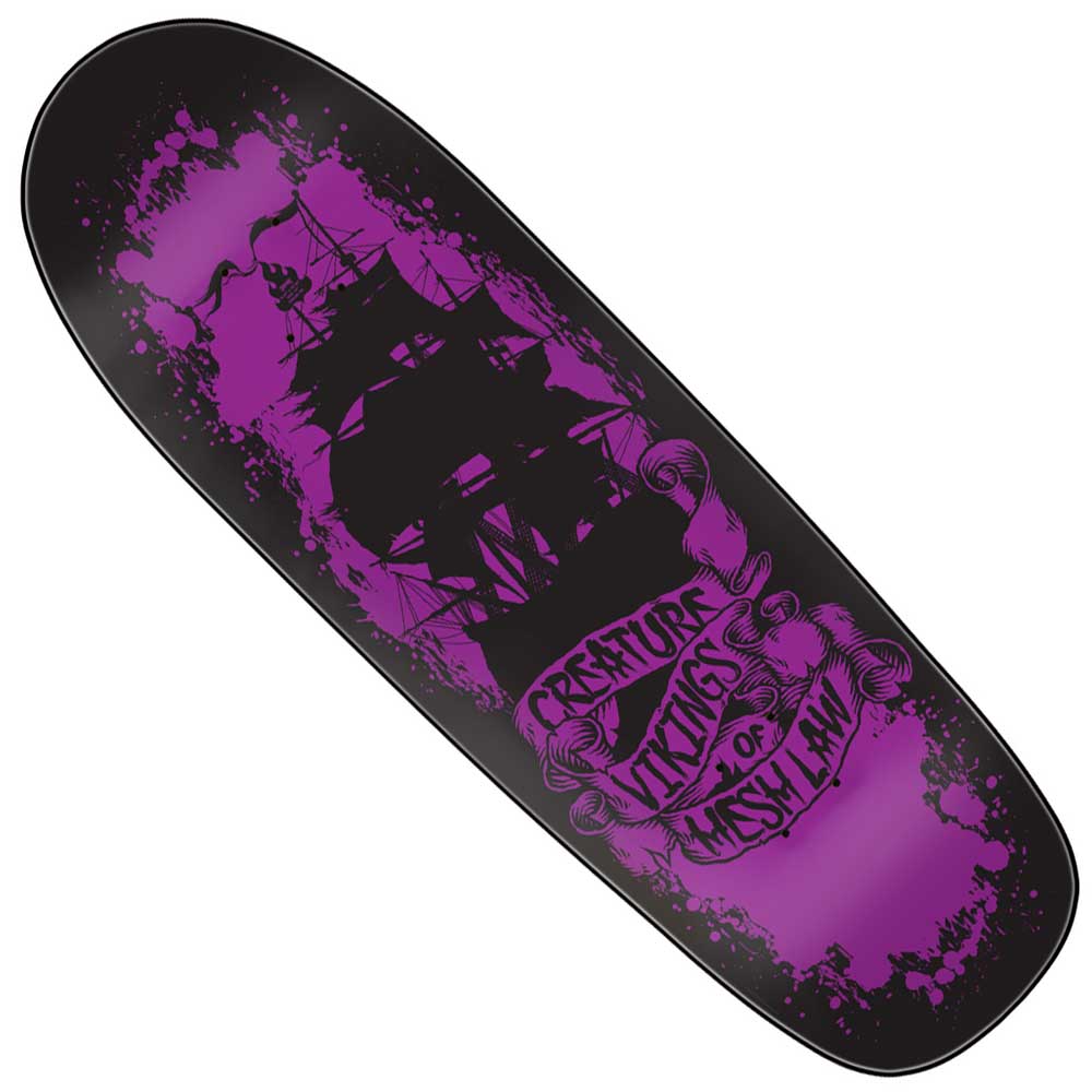 The Team Viking of Hesh Law XX 9.55in x 30.46in Creature Skateboard Shaped Deck features a black and purple tall ship silhouette design and "Creature Invaders of Misky Island" text, crafted from 7-ply North American Maple.